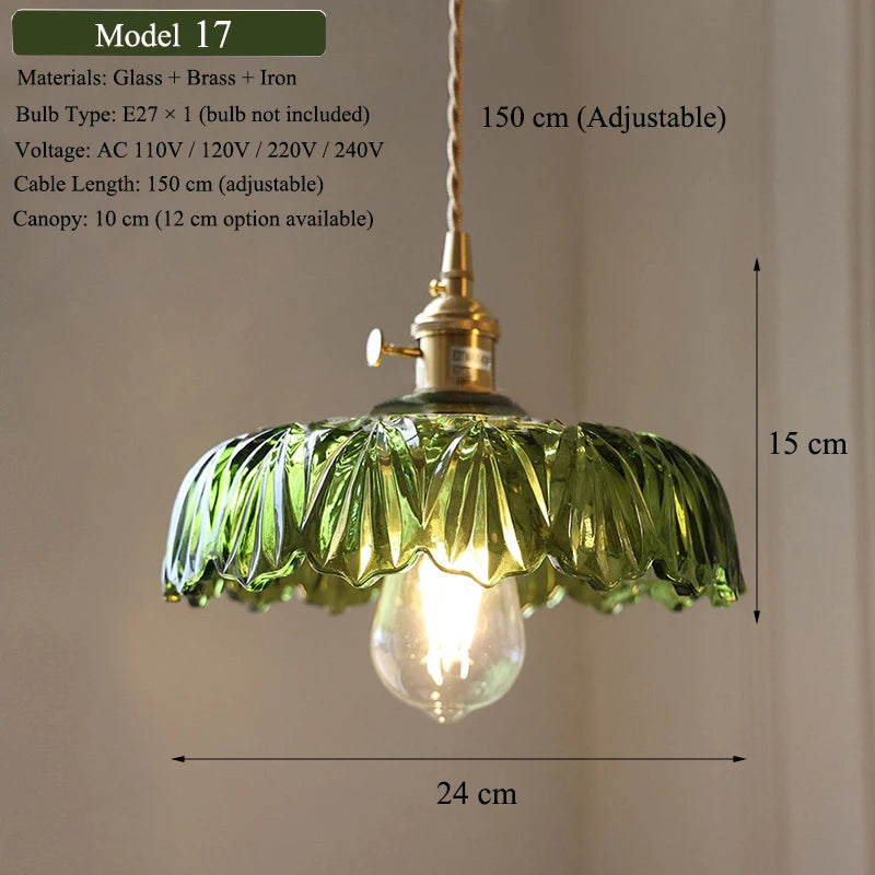 Pendente Nórdico Vidro Verde — Luminária de Latão para Cozinha e Sala de Jantar