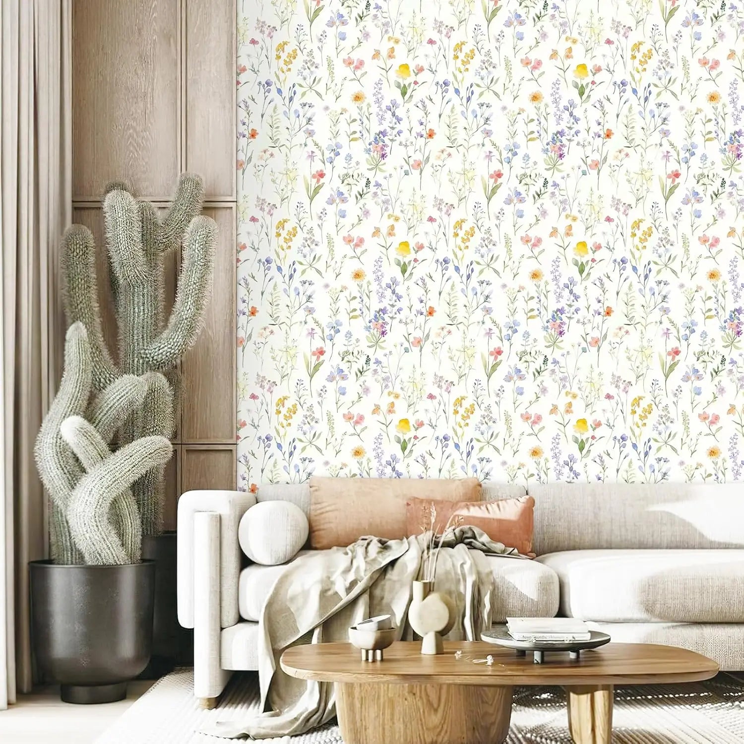Papel de Parede Boho Floral com Folhas Removível Autocolante — Para Banheiro e Quarto