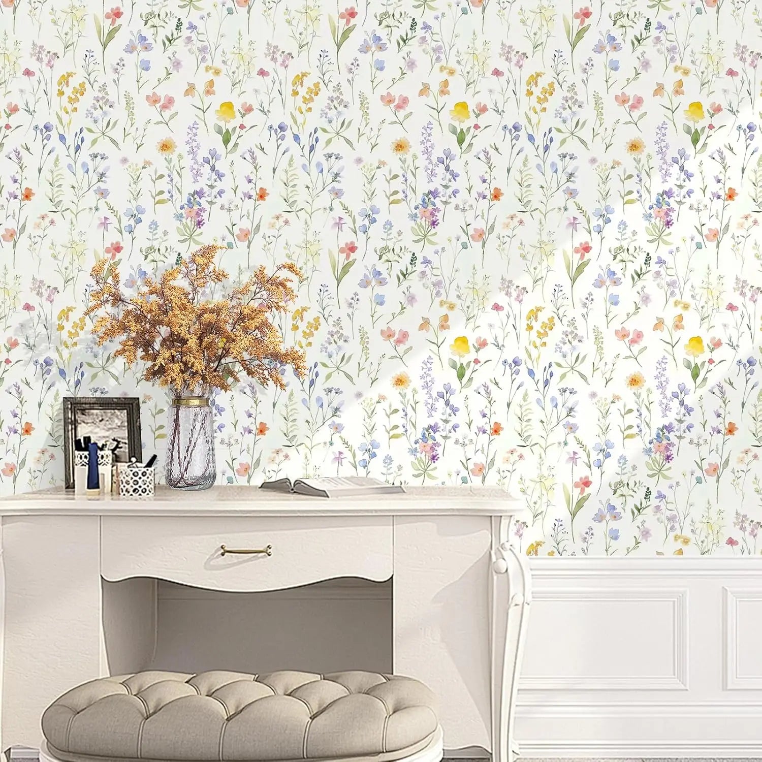 Papel de Parede Boho Floral com Folhas Removível Autocolante — Para Banheiro e Quarto