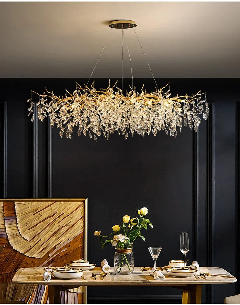 Lustre de Cristal Dourado LED — Pendente de Luxo para Sala