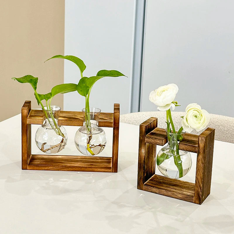 Vaso Hidropônico Formato Lampada com Base de Madeira — Decoração para Mesa e Escritório