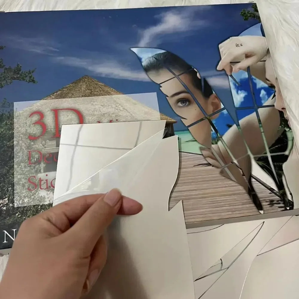 Adesivo de Parede 3D Penas Dançantes com Espelho — Decoração Elegante para Sala e Quarto