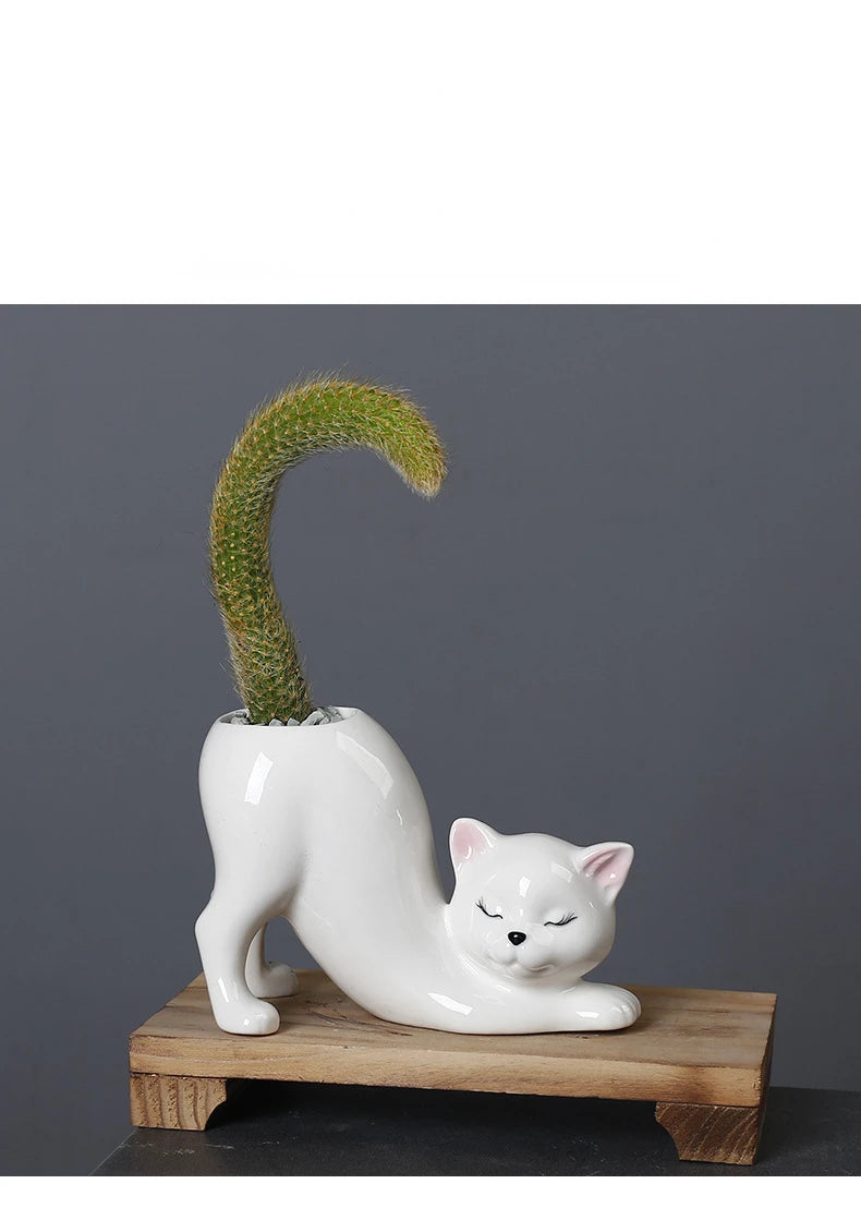 Vaso Cerâmica Gato Cartoon Fofo — Porta-Suculentas e Flores para Decoração