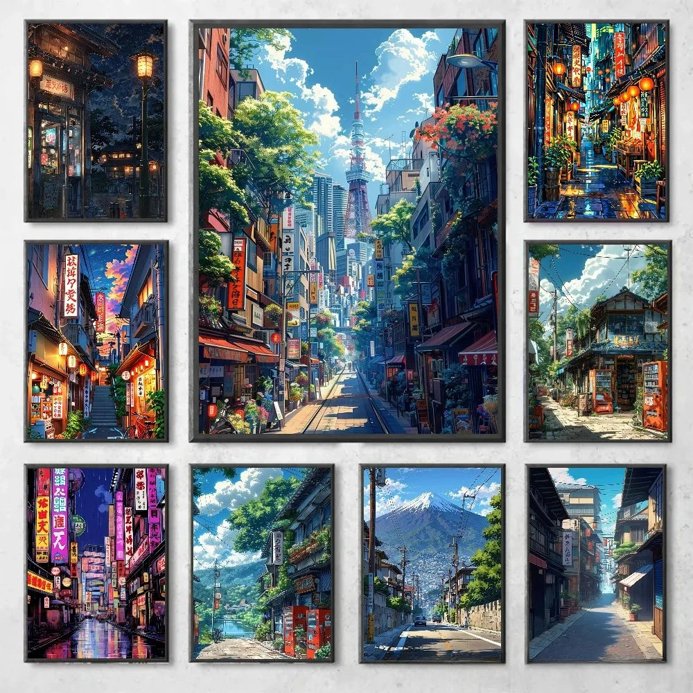 Quadro Decorativo Rua Japonesa Estilo Mangá — Arte Noturna para Sala e Café
