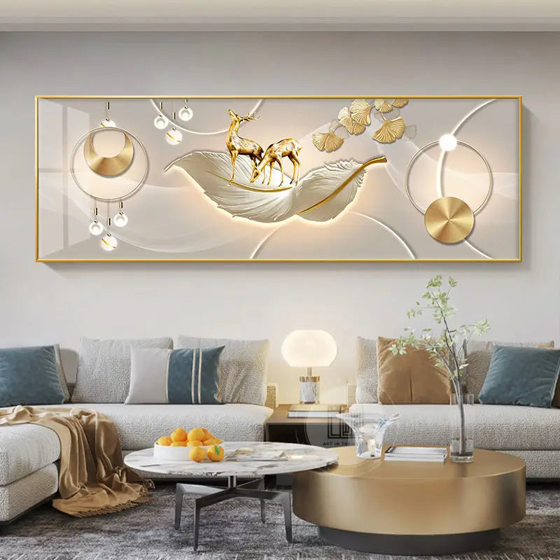 Quadro Decorativo Cervo Dourado Estilo Chinês — Arte Feng Shui para Sala sem Moldura