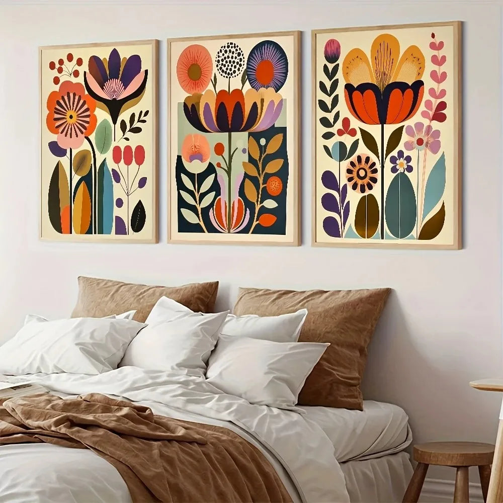 Kit 3 Quadros Florais Escandinavos — Arte Boho Botânica para Sala