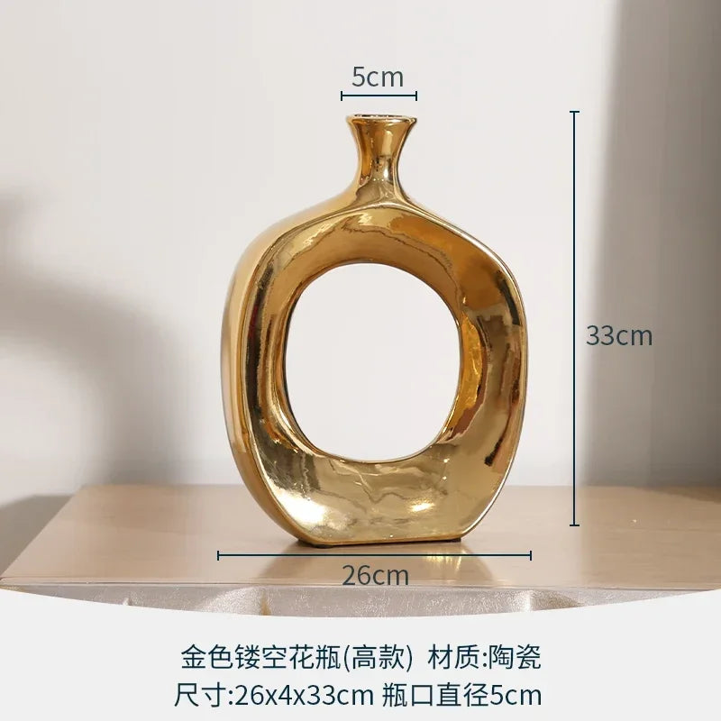 Vaso de Cerâmica Dourado Nórdico — Enfeite Decorativo para Sala e Arranjos de Flores
