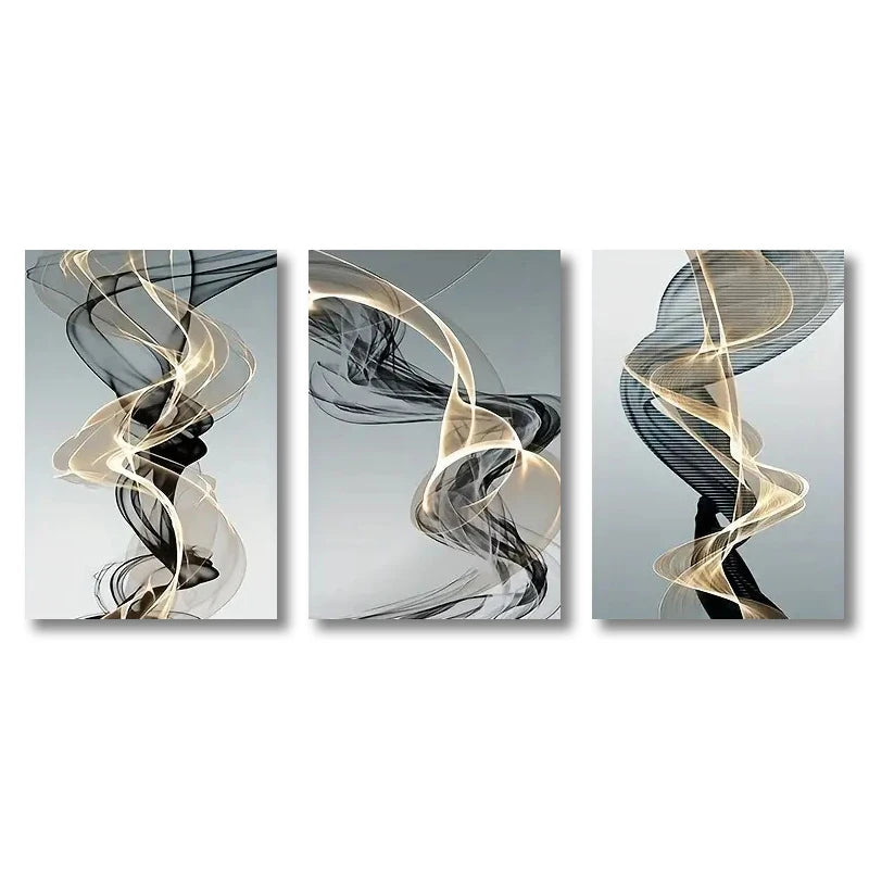 Kit 3 Quadros Canvas Ribbon Abstrato — Arte Nórdica para Quarto, Sala e Corredor
