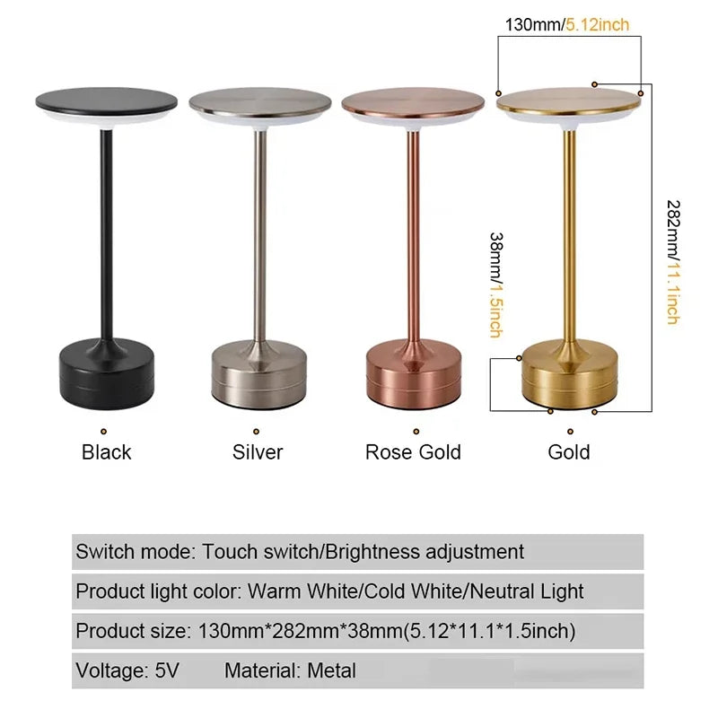 Luminária de Mesa LED Vintage Touch — Metálica Recarregável para Escritório e Quarto