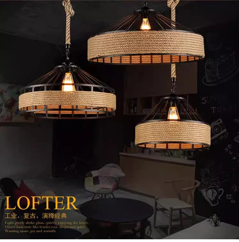 Lustre Pendente de Corda de Sisal — Luminária Industrial Retrô para Sala de Jantar