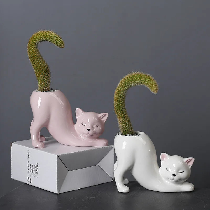 Vaso Cerâmica Gato Cartoon Fofo — Porta-Suculentas e Flores para Decoração