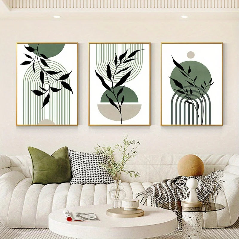 Kit 3 Quadros Boho Verde Sage — Arte Botânica Abstrata para Sala e Quarto