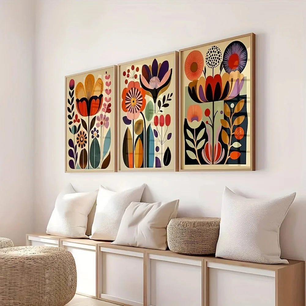 Kit 3 Quadros Florais Escandinavos — Arte Boho Botânica para Sala