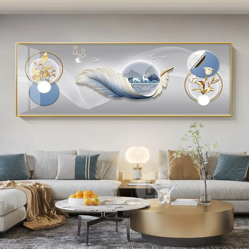 Quadro Decorativo Cervo Dourado Estilo Chinês — Arte Feng Shui para Sala sem Moldura