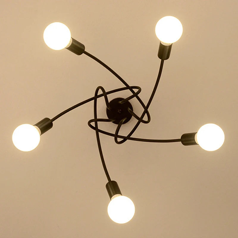 Lustre Retrô de Ferro Forjado LED — Luminária de Teto Preta e Branca para Sala