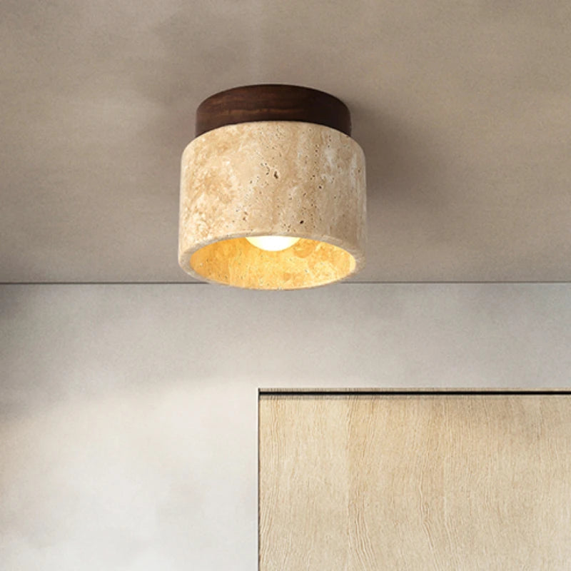Luminária de Teto LED Estilo Japonês — Madeira e Pedra para Sala, Corredor e Varanda