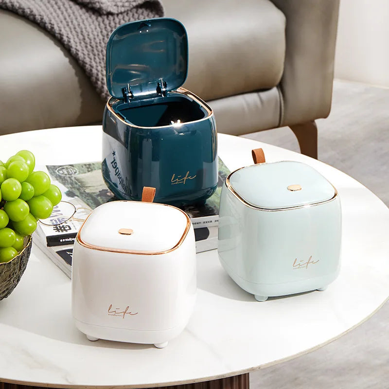 Mini Lixeira de Mesa Luxo Dupla Camada com Tampa de Pressão — Design Premium Moderno