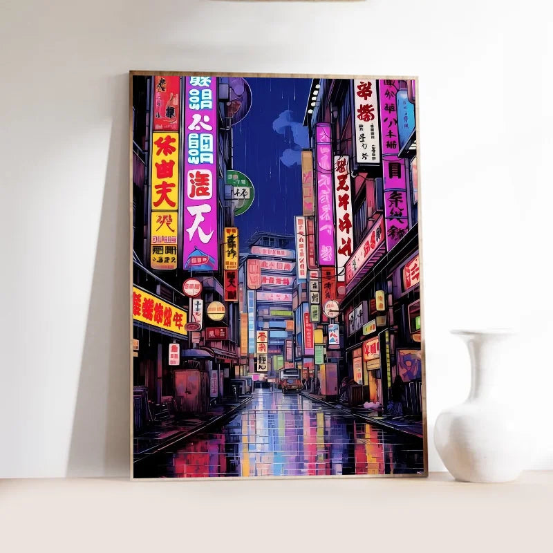 Quadro Decorativo Rua Japonesa Estilo Mangá — Arte Noturna para Sala e Café