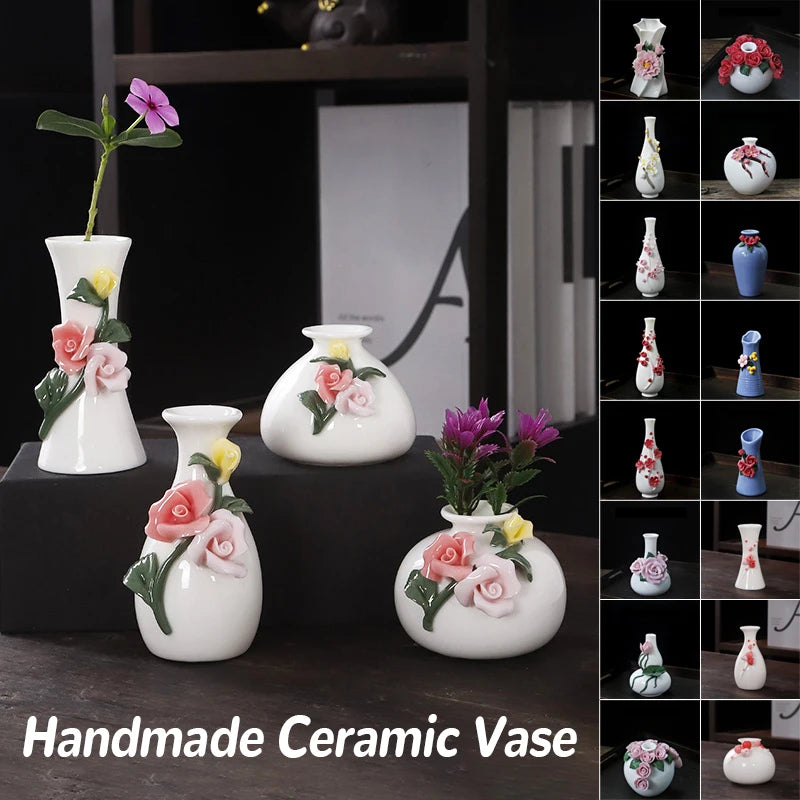 Vaso Decorativo de Cerâmica Pintado à Mão — Mini Vaso com Flores Secas para Mesa