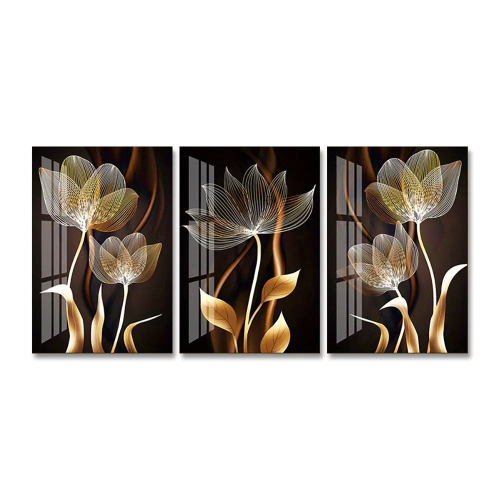 Kit 3 Quadros Flores Preto e Dourado — Arte Abstrata Moderna para Sala