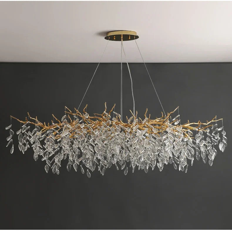 Lustre de Cristal Dourado LED — Pendente de Luxo para Sala