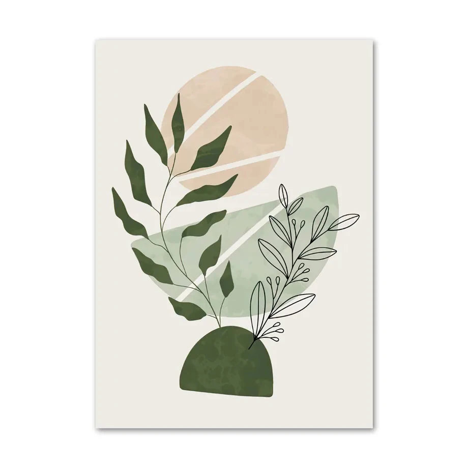 Quadro Decorativo Plantas Verde Sage Boho — Arte Geométrica Nórdica para Sala