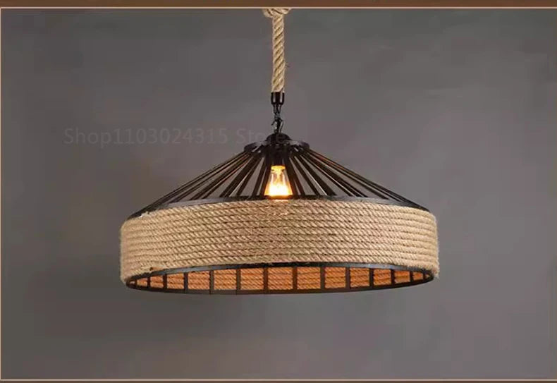 Lustre Pendente de Corda de Sisal — Luminária Industrial Retrô para Sala de Jantar