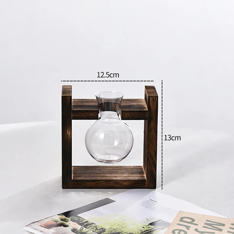 Vaso Hidropônico Formato Lampada com Base de Madeira — Decoração para Mesa e Escritório