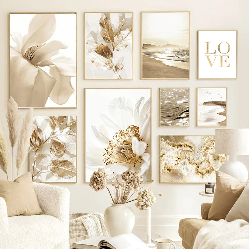 Quadro Decorativo Praia Dourada — Arte de Paisagem Nórdica Moderna para Sala