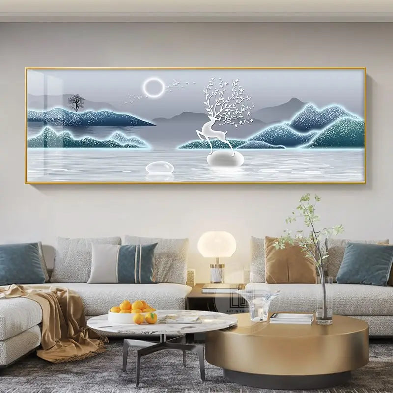 Quadro Decorativo Cervo Dourado Estilo Chinês — Arte Feng Shui para Sala sem Moldura
