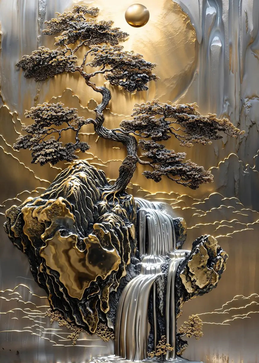 Quadro Decorativo Árvore Dourada e Lua — Arte Abstrata Zen