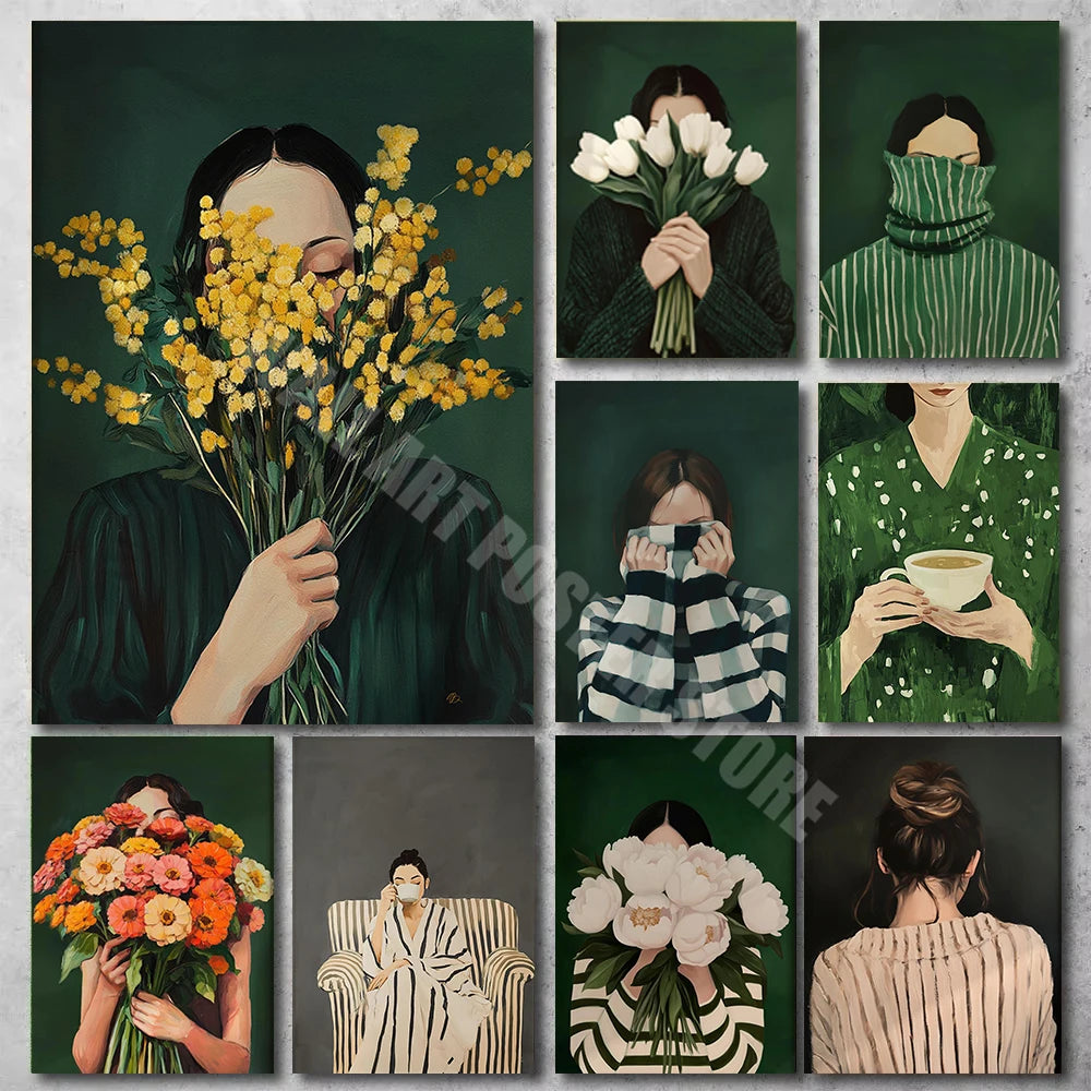 Quadro Decorativo Mulher Abstrata com Flores — Arte Minimalista Japandi para Sala
