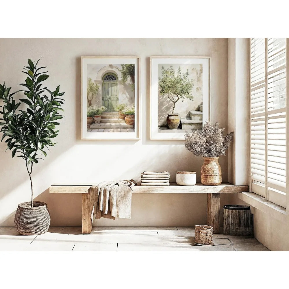 Kit 2 Quadros Oliveira Mediterrânea e Porta Italiana — Arte Boho Sem Moldura