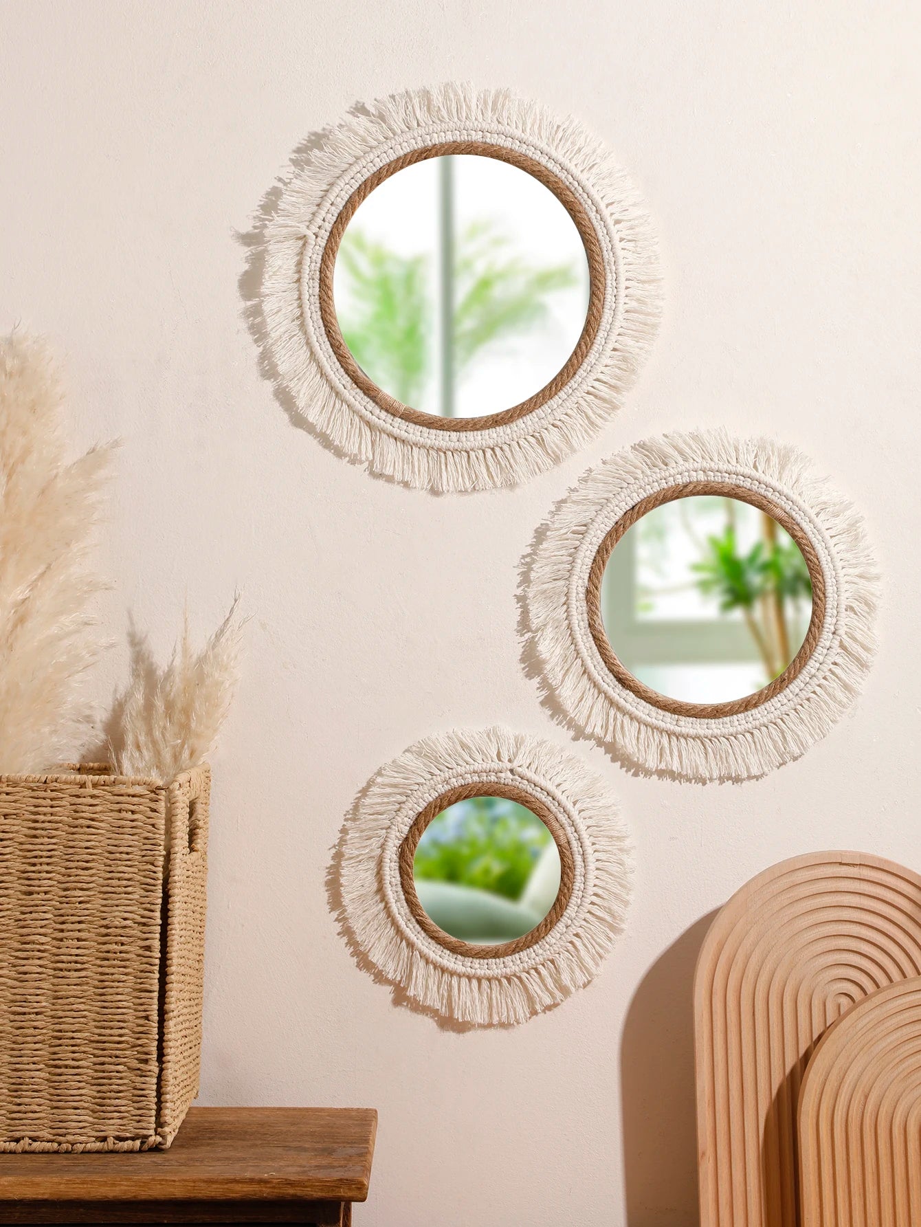 Espelho Decorativo Boho Tecido Trançado Redondo — Tapeçaria para Quarto e Sala