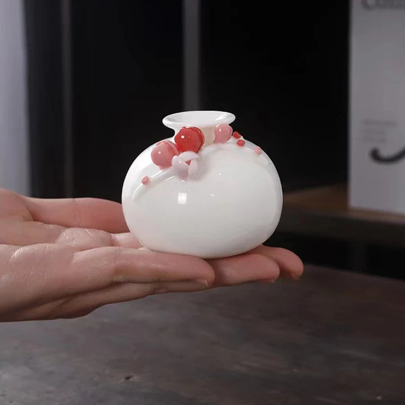 Vaso Decorativo de Cerâmica Pintado à Mão — Mini Vaso com Flores Secas para Mesa