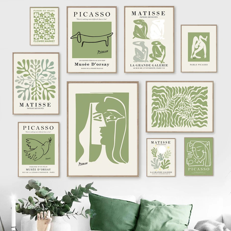 Quadro Decorativo Floral Abstrato Verde — Arte Minimalista Inspirada em Matisse e Picasso