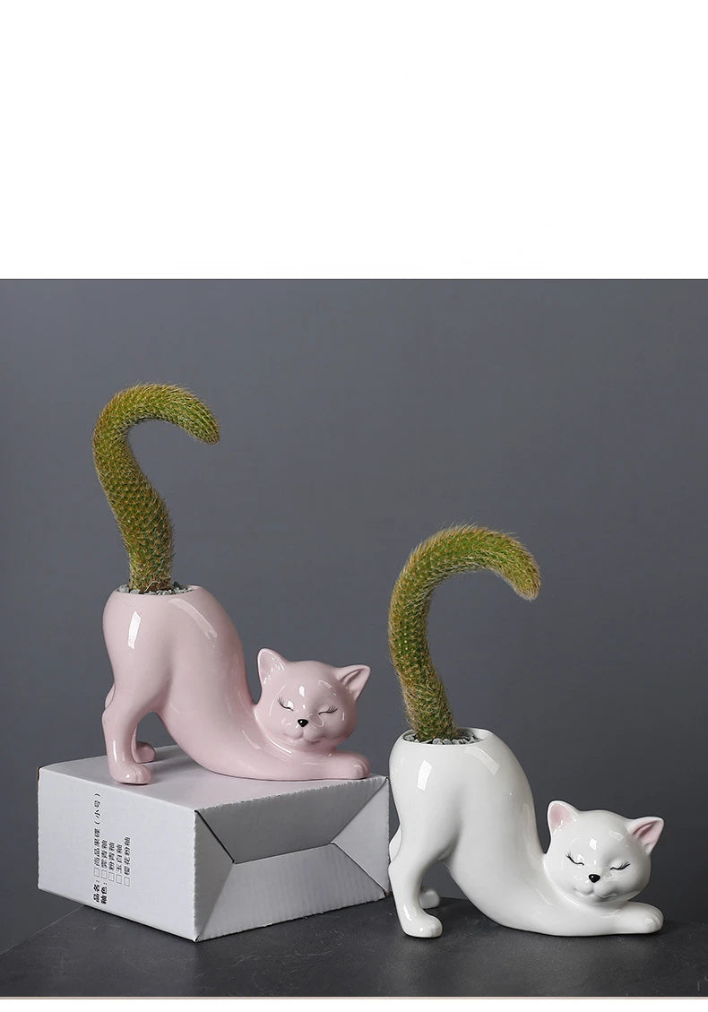 Vaso Cerâmica Gato Cartoon Fofo — Porta-Suculentas e Flores para Decoração