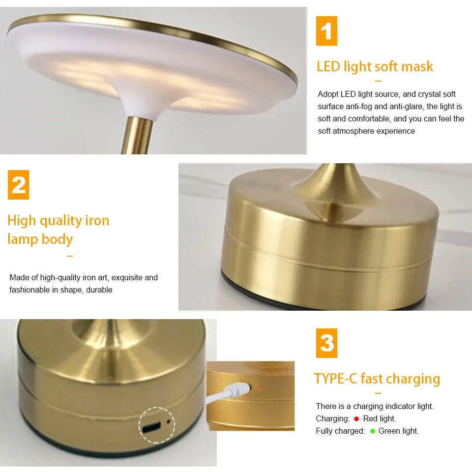 Luminária de Mesa LED Vintage Touch — Metálica Recarregável para Escritório e Quarto