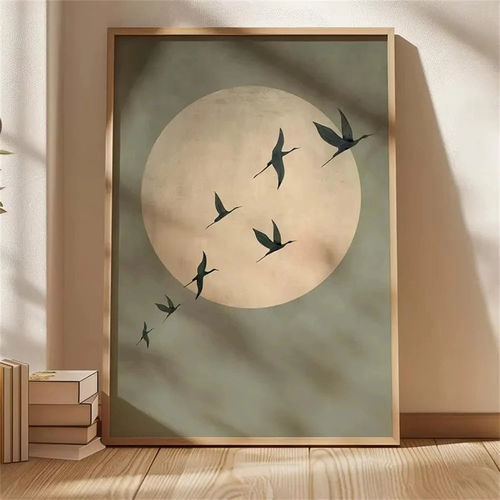Quadro Decorativo Garça Oriental sem Moldura — Arte Zen para Sala e Quarto