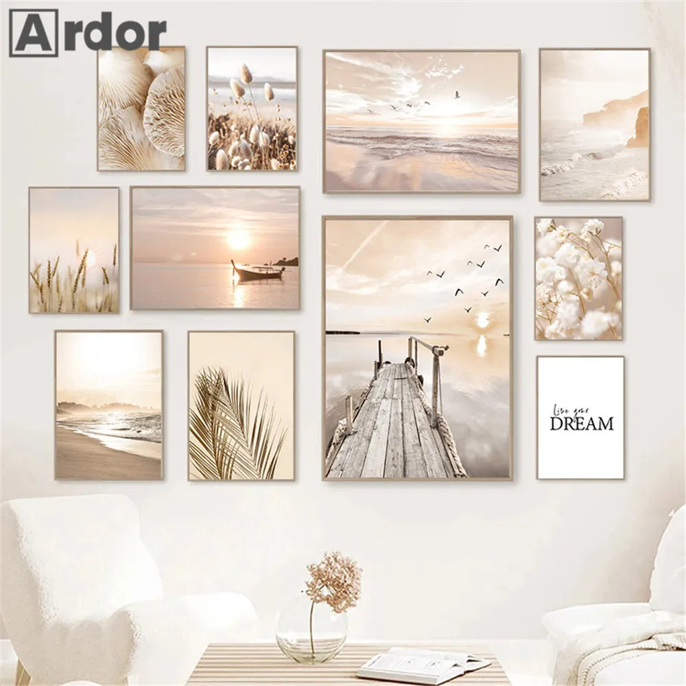 Quadro Decorativo Pôr do Sol Lago e Barco — Arte de Paisagem Nórdica para Sala
