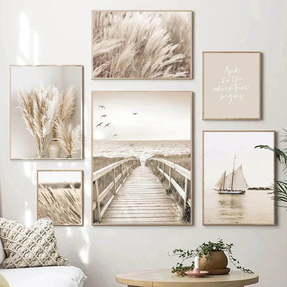 Quadro Decorativo Praia Boho Bege — Arte de Paisagem Nórdica para Sala