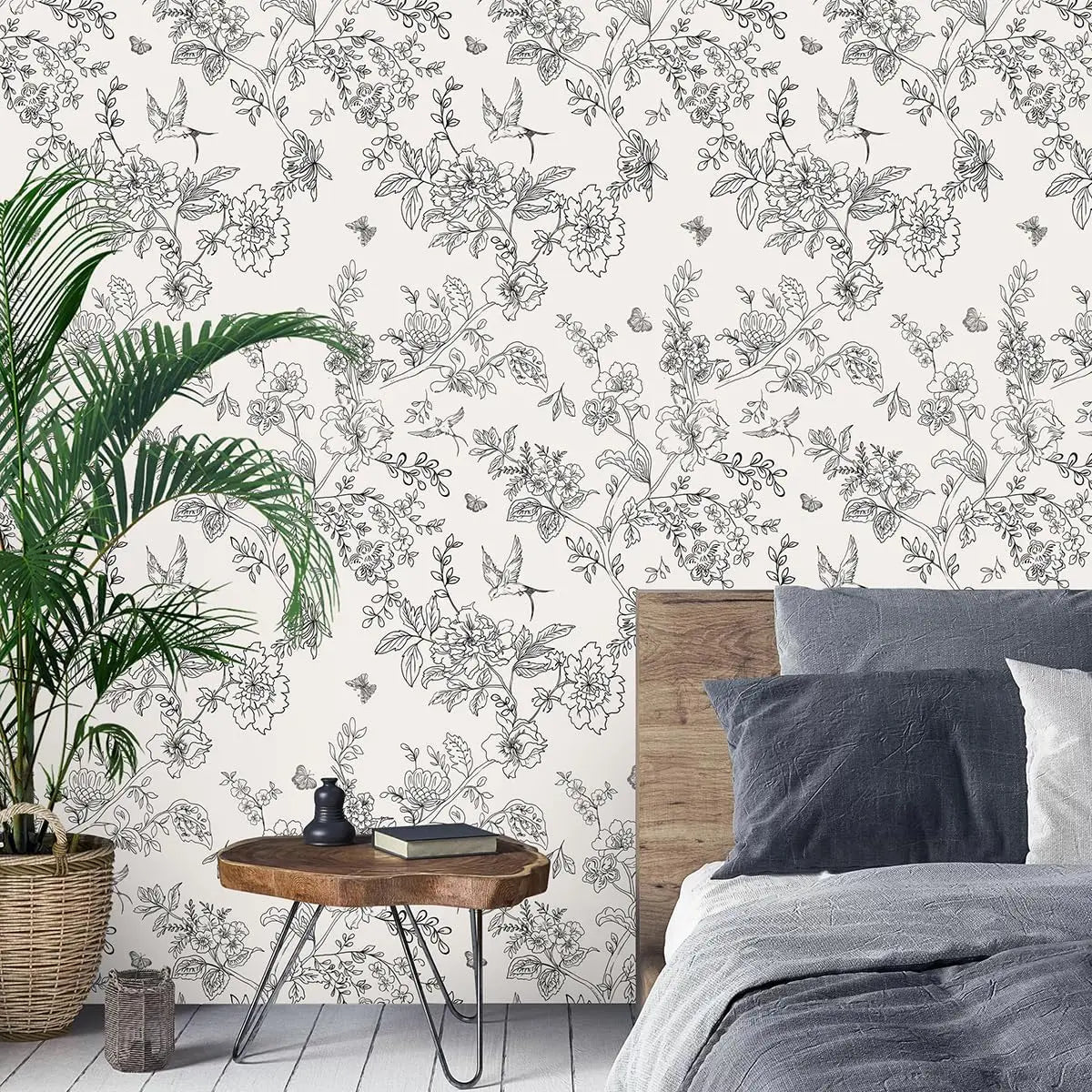 Papel de Parede Floral Preto e Branco com Pássaros — Autocolante Removível Elegante