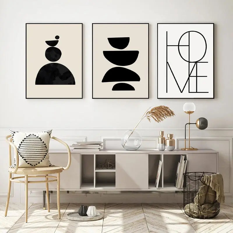 Quadro Decorativo Geométrico Boho Preto e Bege — Arte Abstrata para Sala