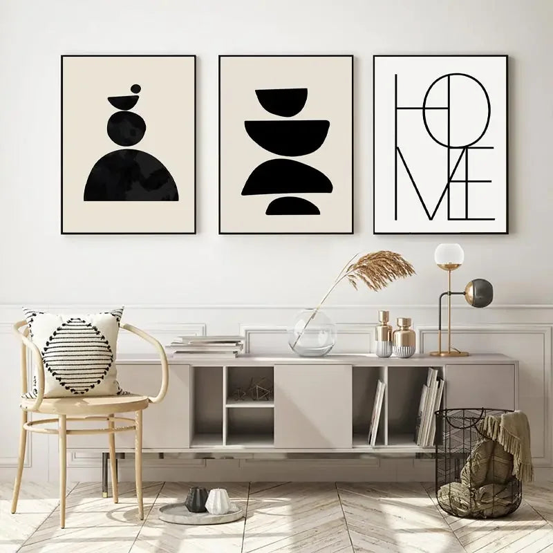 Quadro Decorativo Geométrico Boho Preto e Bege — Arte Abstrata para Sala