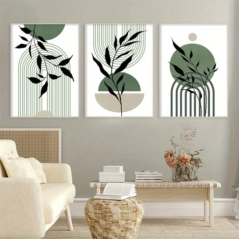 Kit 3 Quadros Boho Verde Sage — Arte Botânica Abstrata para Sala e Quarto