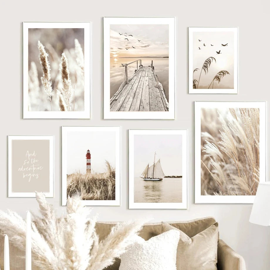 Quadro Decorativo Praia Boho Bege — Arte de Paisagem Nórdica para Sala