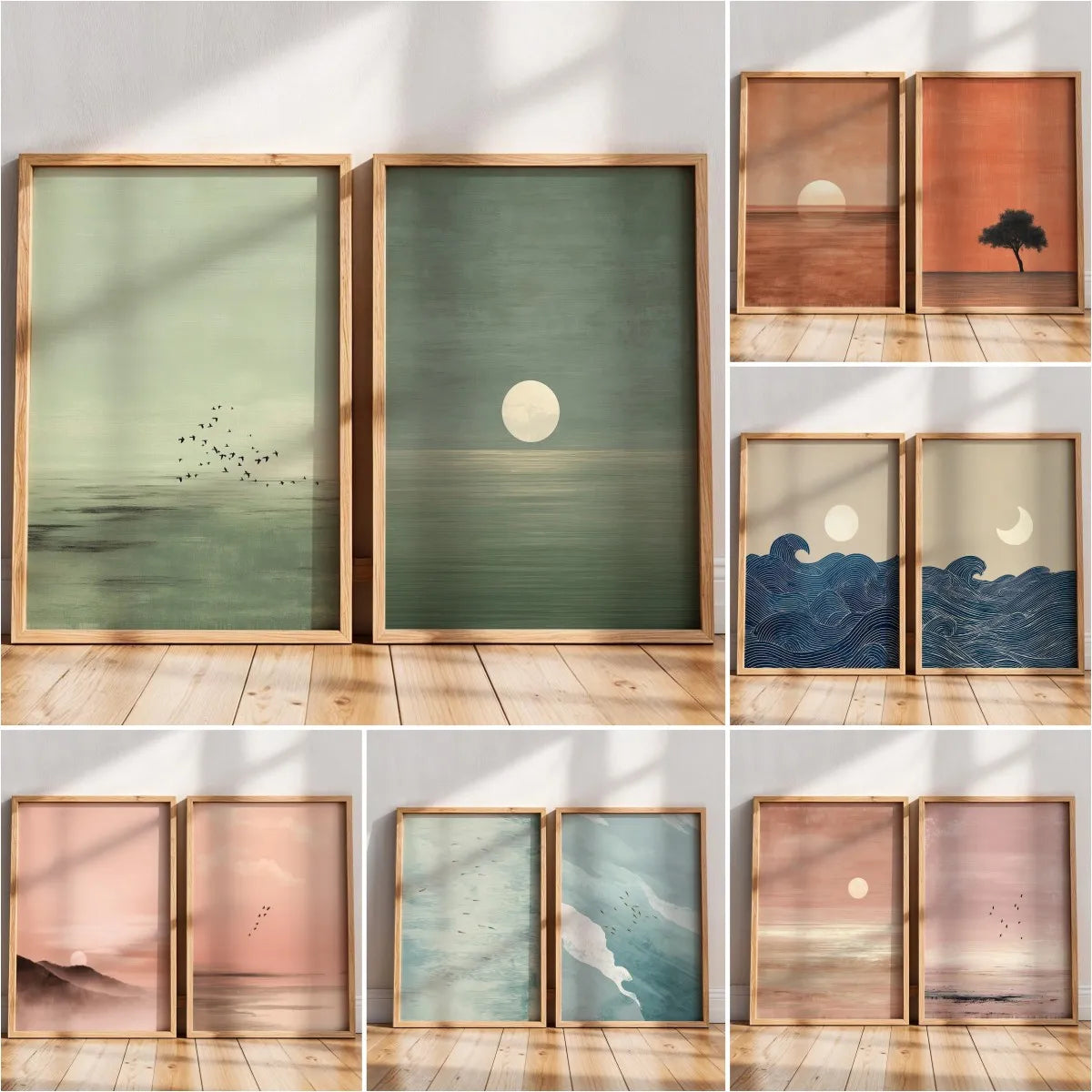 Quadro Decorativo Pôr do Sol Rosa Japandi — Arte Minimalista Escandinava para Sala