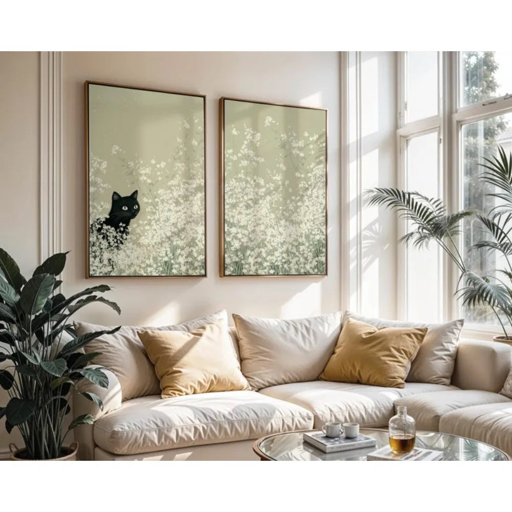 Kit 2 Quadros Gatos no Campo de Flores — Arte Verde Sage Primavera Boho para Sala