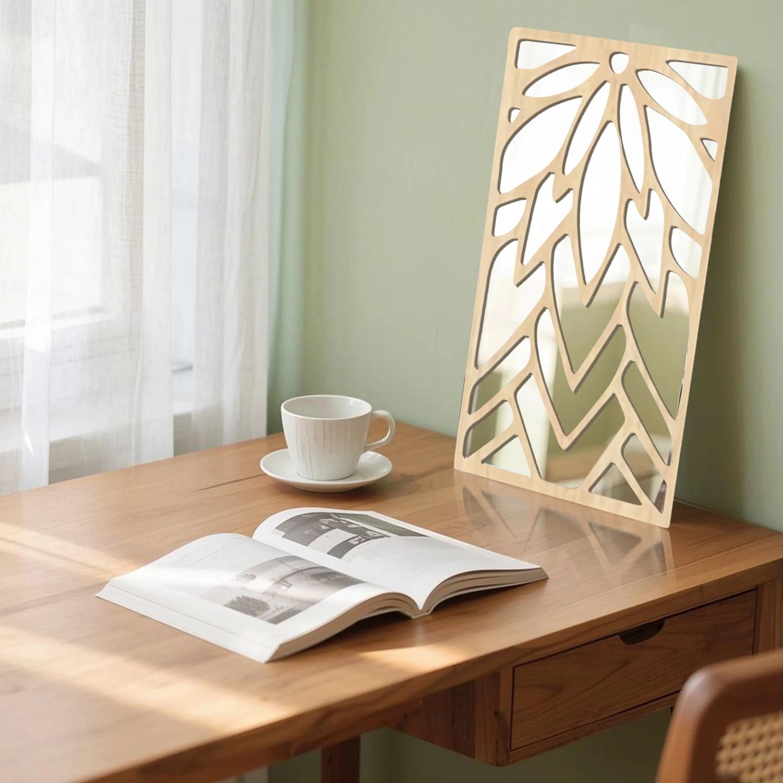 Espelho de Parede Dupla Camada Folha de Madeira 3 Peças — Decorativo 40cm para Sala