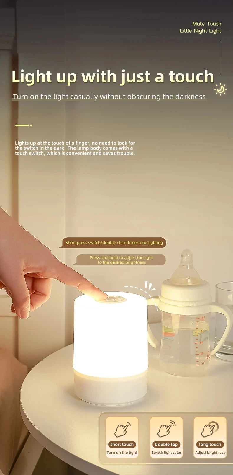 Luminária de Mesa Touch com Luz Noturna — 3 Modos Reguláveis e Recarregável para Quarto